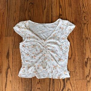 American Eagle Outfitters White Floral Ruched Top
